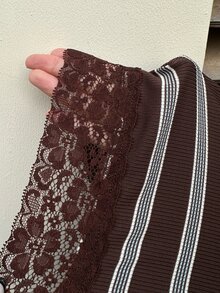FavEase Women's Brown Dress With Straight Neckline, Striped Pattern And Lace Trim - Brown - View 7