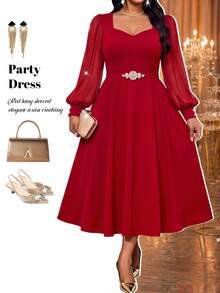 Fleurora Plus Size Fashion Rhinestone Decorated Long Sleeve Elegant Dress Wedding Cocktail Dinner Red Autumn Fall - Hot Pink - View 5