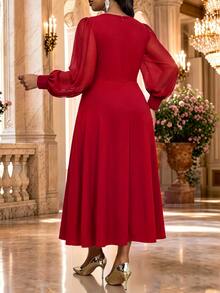 Fleurora Plus Size Fashion Rhinestone Decorated Long Sleeve Elegant Dress Wedding Cocktail Dinner Red Autumn Fall - Hot Pink - View 2