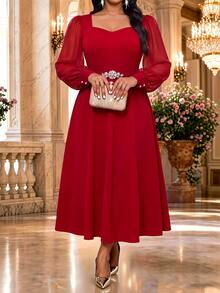 Fleurora Plus Size Fashion Rhinestone Decorated Long Sleeve Elegant Dress Wedding Cocktail Dinner Red Autumn Fall - Hot Pink - View 3