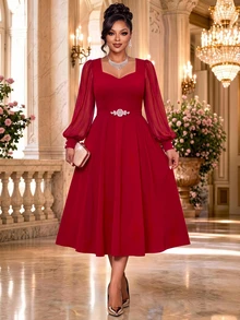 Fleurora Plus Size Fashion Rhinestone Decorated Long Sleeve Elegant Dress Wedding Cocktail Dinner Red Autumn Fall - Hot Pink - View 7