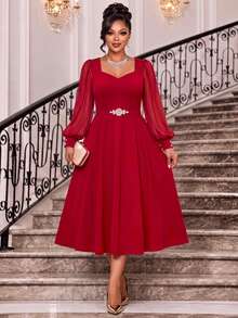Fleurora Plus Size Fashion Rhinestone Decorated Long Sleeve Elegant Dress Wedding Cocktail Dinner Red Autumn Fall - Hot Pink - View 4