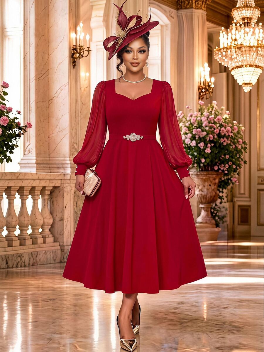 Fleurora Plus Size Fashion Rhinestone Decorated Long Sleeve Elegant Dress Wedding Cocktail Dinner Red Autumn Fall - Hot Pink - View 1