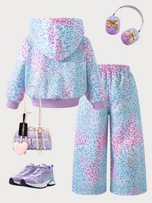 SHEIN 2件組女童幼兒套裝，鮮豔休閒風，漸層豹紋圖案，連帽拉鍊長袖上衣，側邊白色對比條紋寬腿褲，寬鬆版型，時尚女童兩件套，適合日常穿著、戶外活動，秋冬百搭套裝 - 彩色 - 查看 3