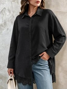 Elegantrix Plus Size Women's Autumn/Winter Long Shirt With Lace Patchwork And Ruffle Hem, Casual Commute Elegant Blouse Fall - Black - View 3