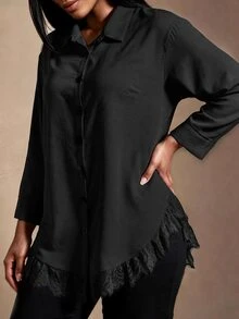Elegantrix Plus Size Women's Autumn/Winter Long Shirt With Lace Patchwork And Ruffle Hem, Casual Commute Elegant Blouse Fall - Black - View 4