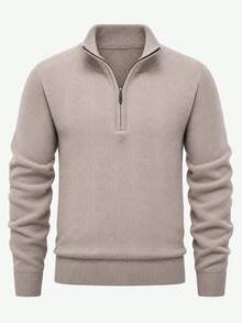 Manfinity Homme Old Money Men's Texture Pattern Half-Zip Knit Sweater, Long Sleeve Pullover, Fall/Winter Unisex Style, Couple Outfit, Best Holiday Gift - Beige - View 5