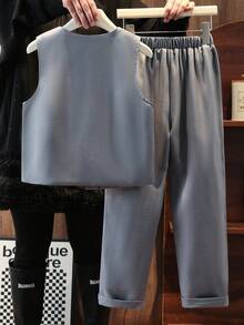 SHEIN Young Boy Gentleman 2-Piece Set,Solid Color Minimalist Vest+Trousers,Formal Outfit For Birthday,Back-To-School,Wedding,Graduation,Anniversary Suit - Grey - View 3
