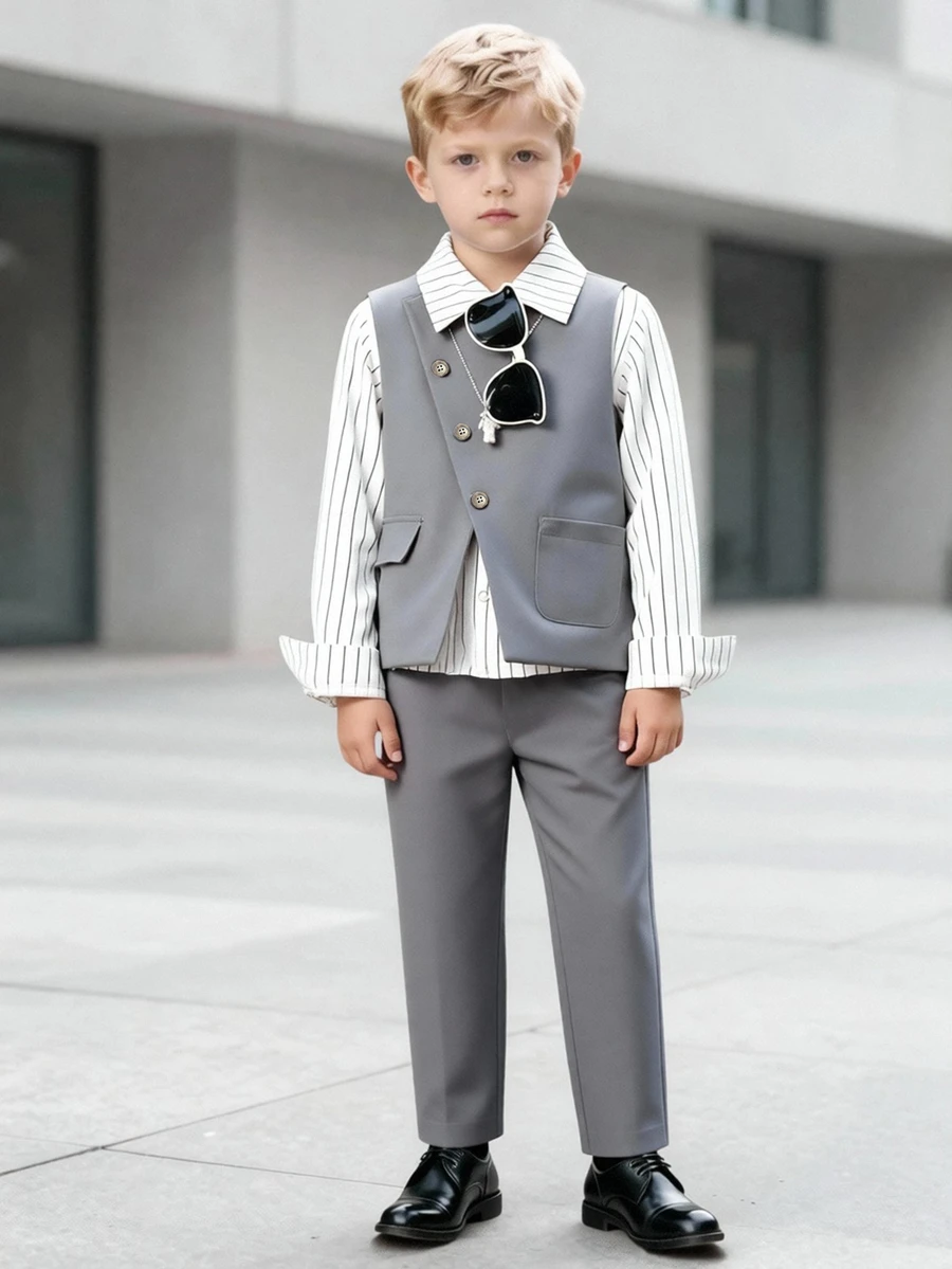 SHEIN Young Boy Gentleman 2-Piece Set,Solid Color Minimalist Vest+Trousers,Formal Outfit For Birthday,Back-To-School,Wedding,Graduation,Anniversary Suit