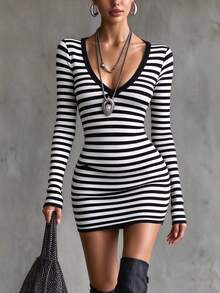 Glimmora Women's Knitted Long Sleeve Short Dress - Black and White - View 1