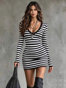Glimmora Women's Knitted Long Sleeve Short Dress - Black and White - View 4