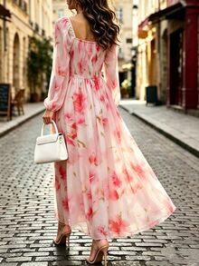 SHEIN Women's Summer Pink-Orange Watercolor Rose Print V-Neck Puff Long ...