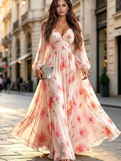 SHEIN Women's Summer Pink-Orange Watercolor Rose Print V-Neck Puff Long ...