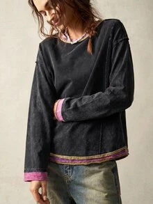 Bohemela 休閒復古街頭風波希米亞拼接針織女款寬鬆水洗衛衣，深紫色，適合日常、工作、夜生活與假期，秋季穿搭 - 彩色 - 查看 5