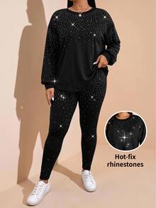 Comfylo Plus Size Women's Rhinestone Long Sleeve Top And Pants Casual Daily 2 Pieces Set Fall - Black - View 6