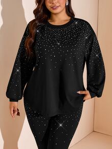Comfylo Plus Size Women's Rhinestone Long Sleeve Top And Pants Casual Daily 2 Pieces Set Fall - Black - View 5