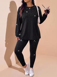 Comfylo Plus Size Women's Rhinestone Long Sleeve Top And Pants Casual Daily 2 Pieces Set Fall - Black - View 7