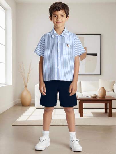 SHEIN Tween Boy Gentleman 2 Pieces Set: Striped Shirt + Shorts/Trousers, Formal Buttoned Outfit For Birthday Party, , , AnniversaryWedding,Prom,Graduation