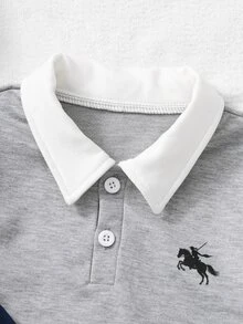 SHEIN Explorewe 小男孩條紋對比色學院領針織休閒寬鬆復古美式長袖 Polo 衫，適合校園與日常穿著 - 彩色 - 查看 4