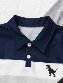 SHEIN Explorewe 小男孩條紋對比色學院領針織休閒寬鬆復古美式長袖 Polo 衫，適合校園與日常穿著 - 彩色 - 查看 3