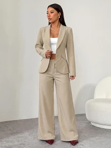 SHEIN PETITE 優雅套裝兩件式穿搭，單排扣西裝外套與西裝長褲套組，秋季通勤辦公商務企業正裝，適合嬌小女性 - 卡其色 - 查看 7
