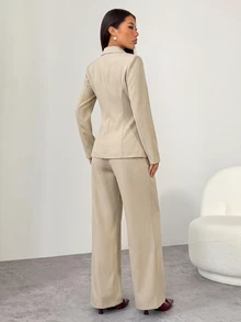 SHEIN PETITE 優雅套裝兩件式穿搭，單排扣西裝外套與西裝長褲套組，秋季通勤辦公商務企業正裝，適合嬌小女性 - 卡其色 - 查看 4
