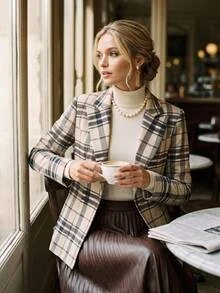Editum 女款格紋翻領長袖單扣休閒商務優雅西裝外套 卡其色 秋冬冬季 感恩節 辦公室 聖誕節 - 卡其色 - 查看 4