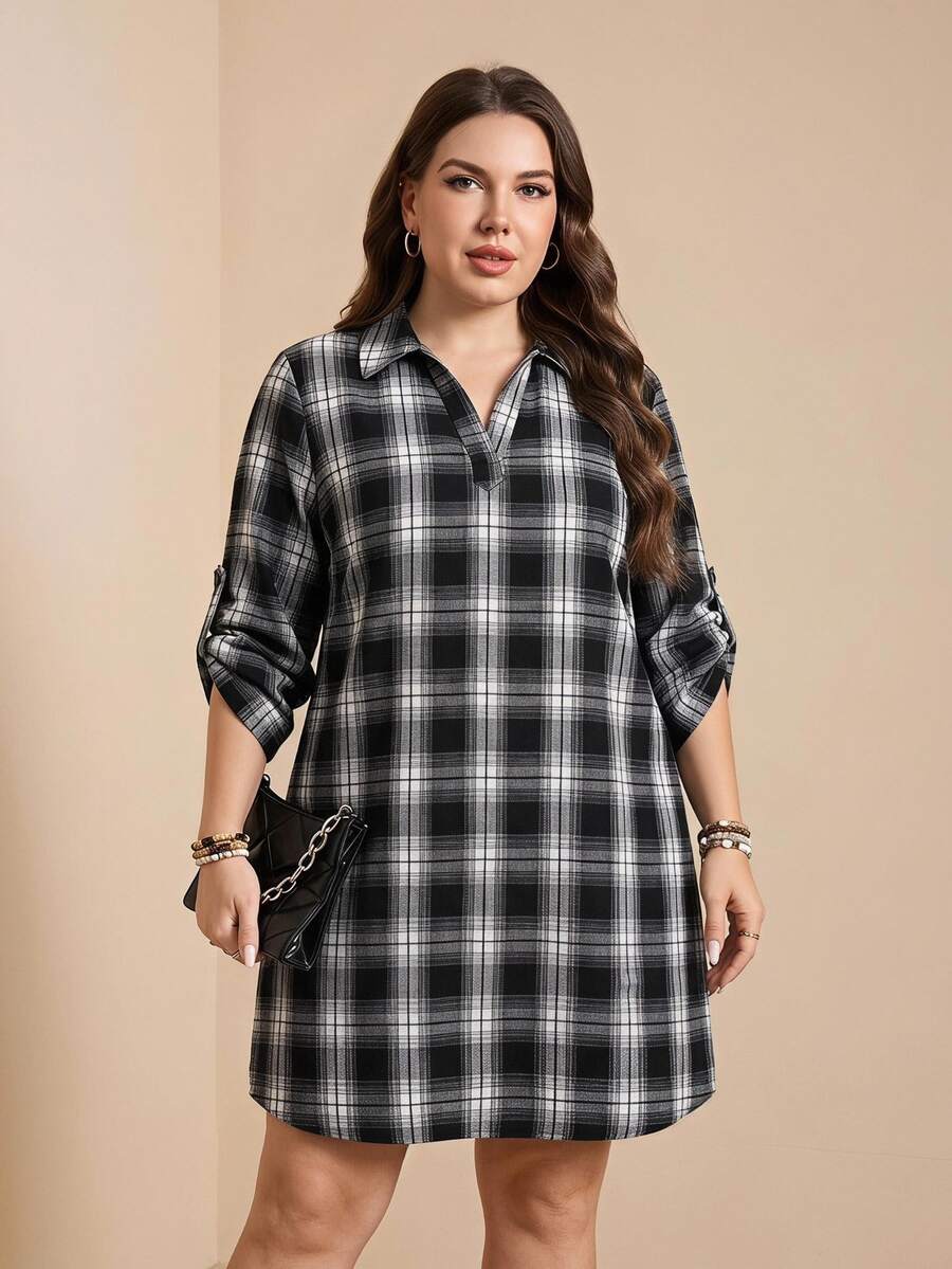 Comfylo Plus Size Plaid Dress, Fashion, Suitable For Summer Fall - Black and White - View 1
