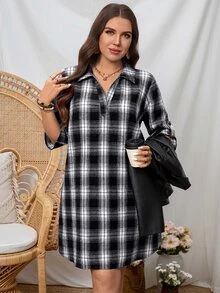 Comfylo Plus Size Plaid Dress, Fashion, Suitable For Summer Fall - Black and White - View 6