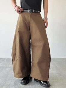 Manfinity Roghcode Men's Solid Color Curved Blade Wide Leg Casual Loose Pants - Khaki - View 4