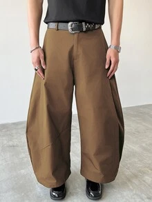 Manfinity Roghcode Men's Solid Color Curved Blade Wide Leg Casual Loose Pants - Khaki - View 1