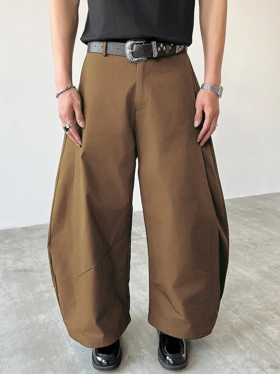 Manfinity Roghcode Men's Solid Color Curved Blade Wide Leg Casual Loose Pants - Khaki - View 1