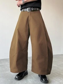 Manfinity Roghcode Men's Solid Color Curved Blade Wide Leg Casual Loose Pants - Khaki - View 5
