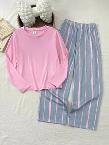 SHEIN 青少年女孩休閒日常兒童百搭舒適寬鬆圓領居家服 - 粉色 - 查看 6