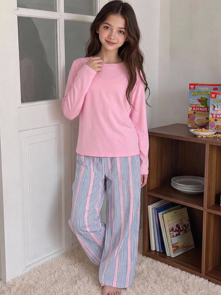 SHEIN 青少年女孩休閒日常兒童百搭舒適寬鬆圓領居家服 - 粉色 - 查看 1