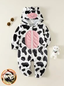 SHEIN Baby Boy Baby Girl Baby Boy Contrast Color Pattern Thermal Lined Thick Hooded Long Sleeve One-Piece Pants, Suitable For Autumn/Winter And Christmas - Multicolor - View 8