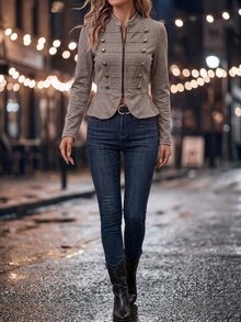 Editum 女款純色長袖拉鍊門襟鈕扣設計拿破崙夾克 辦公室深棕色秋季優雅休閒風 - 棕色 - 查看 8
