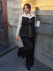 Firerie Plus Size Women Contrast Color Casual Smart Daily Wear Winter Cotton Padded Vest Office Homewear Business Work Coat Fall/Winter Going Out Voat - Black - View 6