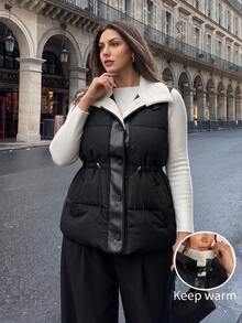 Firerie Plus Size Women Contrast Color Casual Smart Daily Wear Winter Cotton Padded Vest Office Homewear Business Work Coat Fall/Winter Going Out Voat - Black - View 2