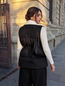 Firerie Plus Size Women Contrast Color Casual Smart Daily Wear Winter Cotton Padded Vest Office Homewear Business Work Coat Fall/Winter Going Out Voat - Black - View 3