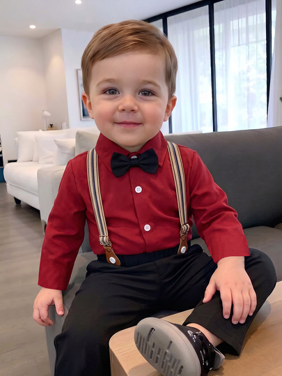 SHEIN Young Boy Gentleman 2Pcs Set:Long Sleeve Shirt+Bib Pants Trousers,Traditional Wedding 7th Birthday Outfit Party,ChristeningAnniversary Graduation