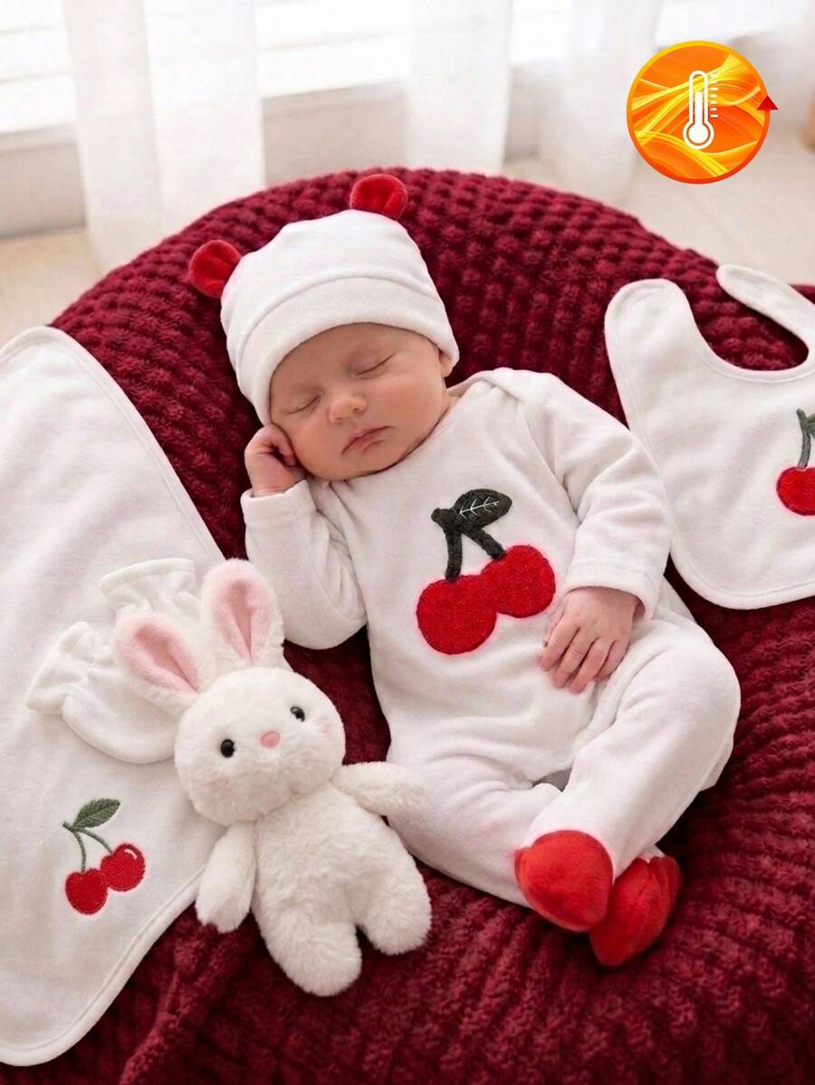 Souflis 1pc Newborn White Minimalist Fashionable Cute Cherry Towel Embroidery Pattern Long Sleeve Long Leg Footed Romper And Hat 2pcs Set Loungewear - White - View 1