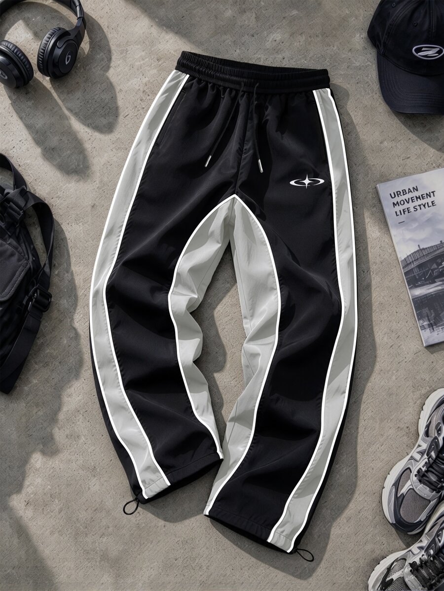 Sport MetroGents Men's Drawstring Waist Colorblock Casual Daily Travel Sports Long Pants - Black - View 1