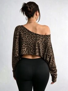 Elenzga Plus Size Women's Asymmetric Collar Long Sleeve Cropped Casual T-Shirt, Leopard Print, SpringAutumn Fall - Multicolor - View 2