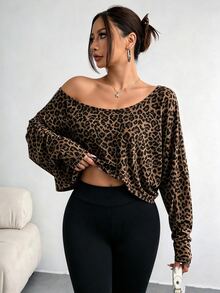 Elenzga Plus Size Women's Asymmetric Collar Long Sleeve Cropped Casual T-Shirt, Leopard Print, SpringAutumn Fall - Multicolor - View 3