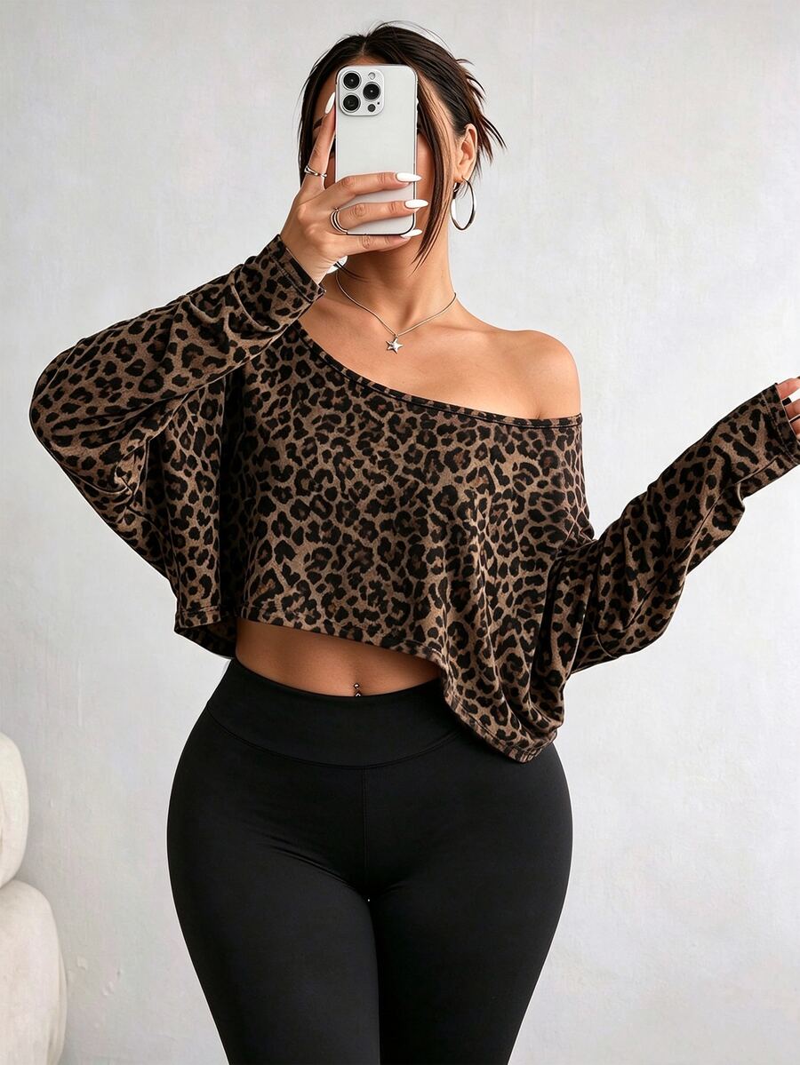 Elenzga Plus Size Women's Asymmetric Collar Long Sleeve Cropped Casual T-Shirt, Leopard Print, SpringAutumn Fall - Multicolor - View 1
