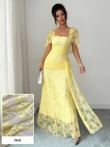 Modelyn 独特不对称设计方领蕾丝连衣裙，青春靓丽，时尚甜美，性感迷人，收腰设计，别具一格，优雅迷人，女士连衣裙 - 黃色 - 查看 6