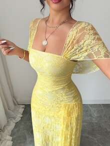 Modelyn 独特不对称设计方领蕾丝连衣裙，青春靓丽，时尚甜美，性感迷人，收腰设计，别具一格，优雅迷人，女士连衣裙 - 黃色 - 查看 3