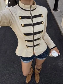 Lavishia Women's Elegant Vintage Colorblock Stand Collar Napoleon Style Jacket - Apricot - View 7