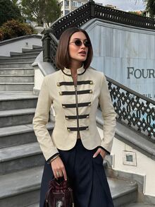 Lavishia Women's Elegant Vintage Colorblock Stand Collar Napoleon Style Jacket - Apricot - View 6